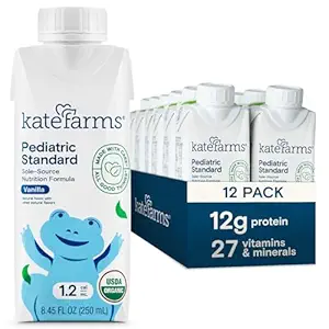 kate farms organic pediatric 1.2 sole source vanilla nutrition shake, 12g protein, 27 vitamins and minerals, high calorie meal replacement, gluten free, 8.45 oz (12 pack)