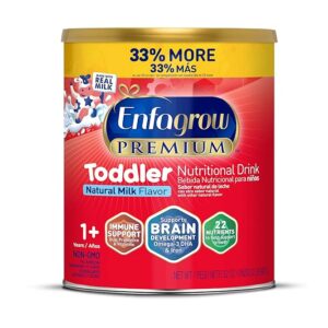 enfagrow premium toddler nutritional drink, made with real milk, brain building omega 3 dha, nutrients and prebiotics for growth & immune support, non gmo, toddler milk powder, 32 oz can