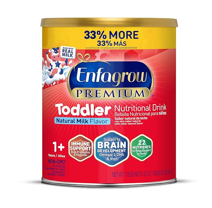 enfagrow premium toddler nutritional drink, made with real milk, brain building omega 3 dha, nutrients and prebiotics for growth & immune support, non gmo, toddler milk powder, 32 oz can enfagrow premium toddler nutritional drink, made with real milk, brain building omega 3 dha, nutrients and prebiotics for growth & immune support, non gmo, toddler milk powder, 32 oz can