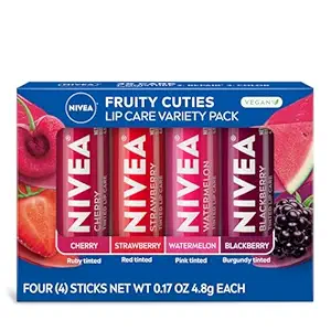 nivea lip care, fruity tinted lip balm variety pack, cherry, strawberry, blackberry and watermelon flavors, 3 in 1 moisture, repair and color, 0.17 oz stick, pack of 4