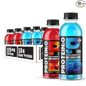 protein2o 15g whey protein isolate hydration drink plus energy & focus, 350mg of electrolytes, vitamins b5 & b6, sugar free, energy variety pack, 16.9 oz bottle (pack of 12)