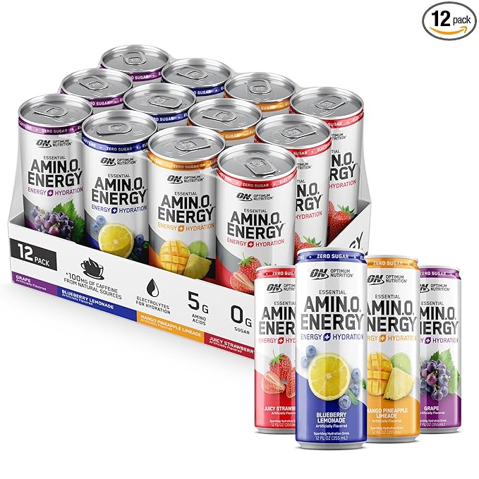 optimum nutrition amino energy sparkling hydration drink, electrolytes, caffeine, amino acids, bcaas, sugar free, 12 fl oz, variety pack of 12 (packaging may vary) optimum nutrition amino energy sparkling hydration drink, electrolytes, caffeine, amino acids, bcaas, sugar free, 12 fl oz, variety pack of 12 (packaging may vary)