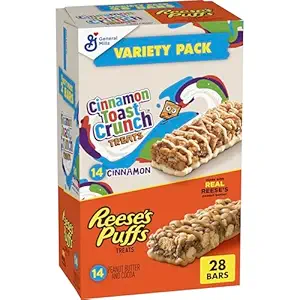 cinnamon toast crunch and reese's puffs cereal treat bars variety pack, snack bars, 28 ct, 23.8 oz