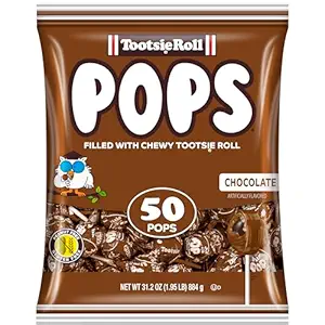 tootsie pops single flavor bag chocolate flavored lollipops with chocolatey center individually wrapped hard candy brown candy peanut free, gluten free, 50 count (pack of 1)