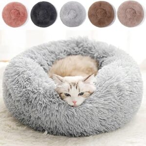 cat beds for indoor cats cat bed washable 20/24 inches, dog beds for small medium dogs, anti anxiety round fluffy plush faux fur pet bed, thick bottom (light grey, medium)