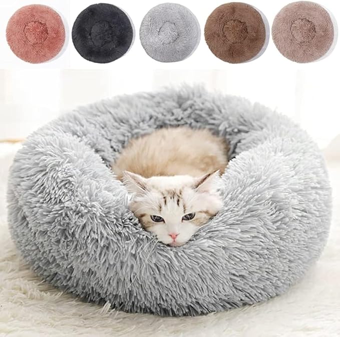 cat beds for indoor cats cat bed washable 20/24 inches, dog beds for small medium dogs, anti anxiety round fluffy plush faux fur pet bed, thick bottom (light grey, medium) cat beds for indoor cats cat bed washable 20/24 inches, dog beds for small medium dogs, anti anxiety round fluffy plush faux fur pet bed, thick bottom (light grey, medium)