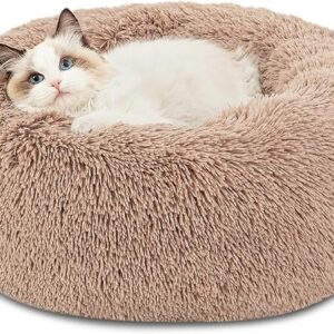 bedsure calming cat beds for indoor cats small cat bed washable 20 inches, anti slip round fluffy plush faux fur pet bed, fits up to 15 lbs pets, camel