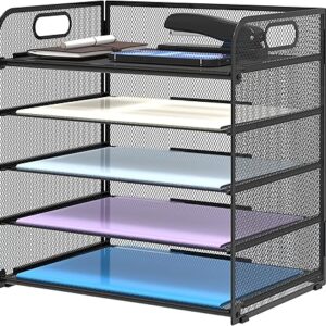 supeasy 5 trays paper organizer letter tray with handle mesh desk file organizer, paper sorter desk organizer for office, home or school