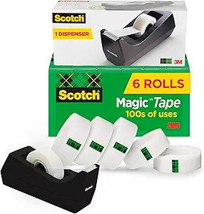 scotch magic tape with scotch desktop dispenser, 6 rolls of 3/4" x 1000" each plus 1 desktop tape dispenser, great for repair, wrapping and office applications