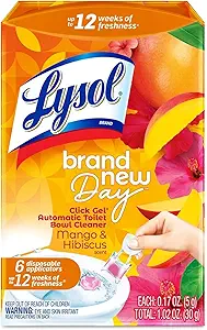 lysol click gel automatic toilet bowl cleaner, toilet gel stamp, toilet freshener, bathroom essentials, refreshing mango & hibiscus scent, 6 count (pack of 1)