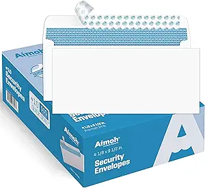 aimoh 500#10 security self seal envelopes, windowless, premium security tint pattern, ultra strong quick seal closure, enveguard, size 4 1/8 x 9 1/2", white, 24lb, 500 count(34010)
