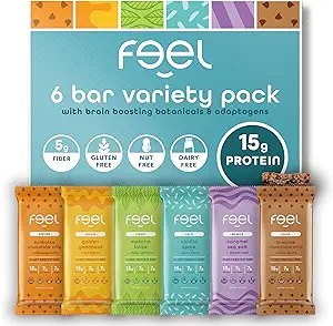 feel vegan protein bars | variety pack | keto | gluten free | organic | 15g protein | low carb | dairy free | 6 flavors | non gmo | soy free | grain free – 6 pack