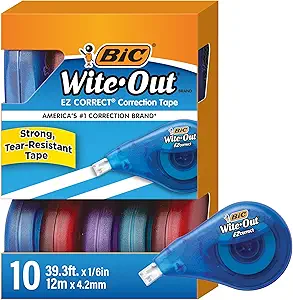 bic wite out ez correct tear resistant correction tape with 39.3 ft of tape, 10 count pack in white