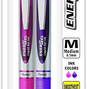 pentel energel rtx retractable liquid gel pen, medium line, metal tip, pink/violet ink, 2 pack (bl77bp2pv)