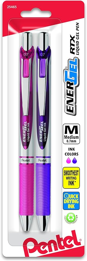 pentel energel rtx retractable liquid gel pen, medium line, metal tip, pink/violet ink, 2 pack (bl77bp2pv) pentel energel rtx retractable liquid gel pen, medium line, metal tip, pink/violet ink, 2 pack (bl77bp2pv)