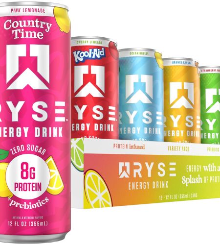 ryse functional energy drink 5 flavors variety pack 150mg natural caffeine, 8g whey protein & 1g prebiotics sugar free, gut friendly, bloat free 12 fl oz cans (12 pack)