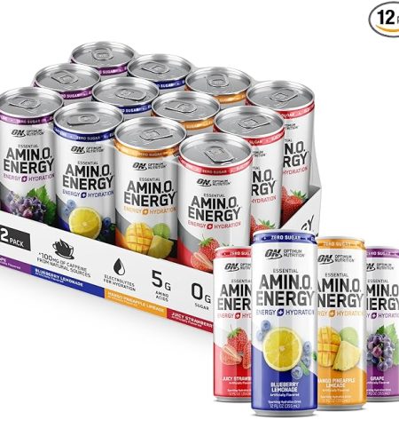 optimum nutrition amino energy sparkling hydration drink, electrolytes, caffeine, amino acids, bcaas, sugar free, 12 fl oz, variety pack of 12 (packaging may vary)